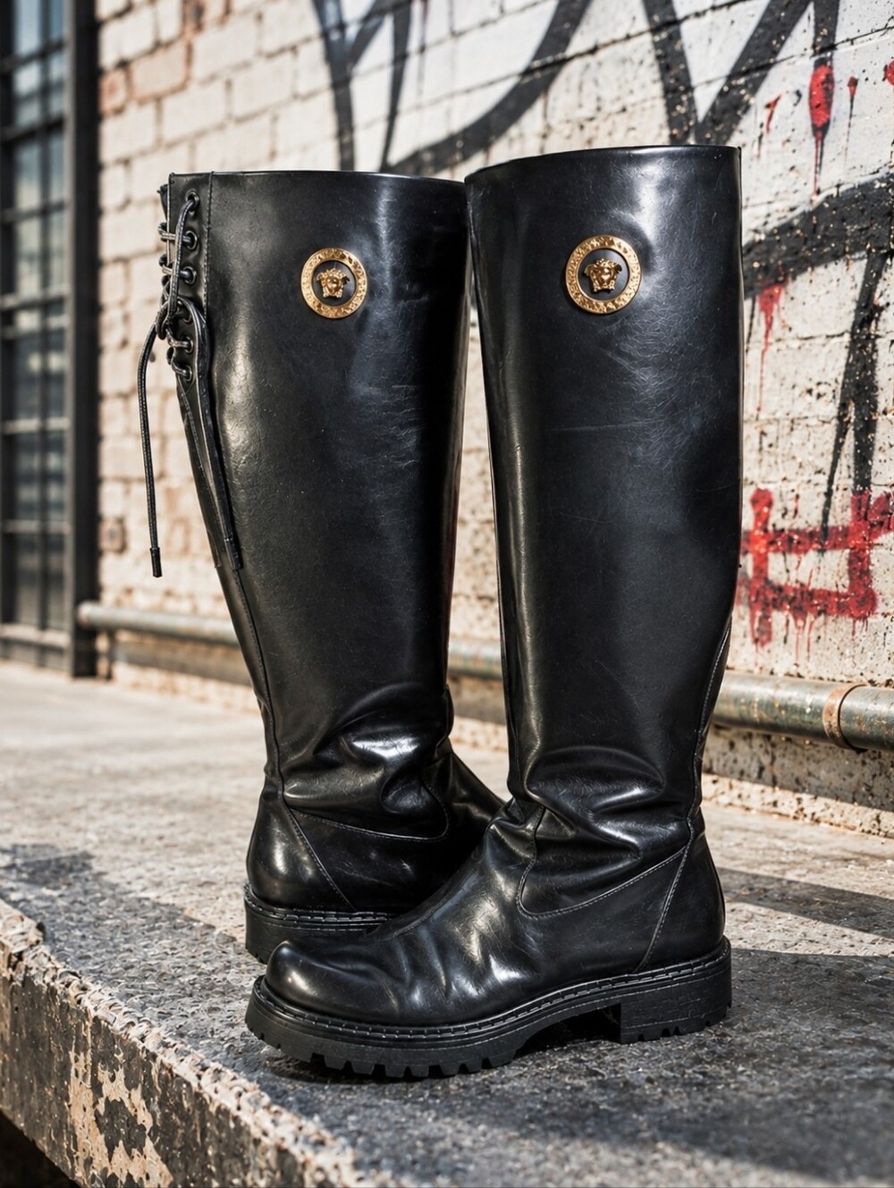 Versace Black Patent Leather Knee High Combat Boots – Gold Medusa **SEE COMMENT